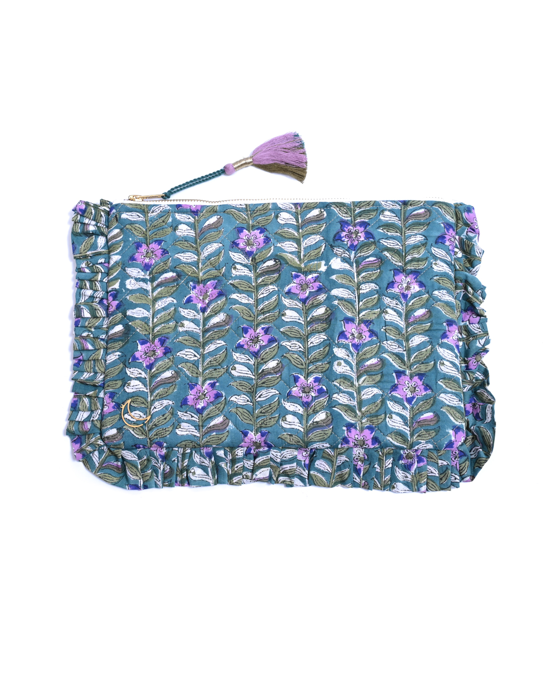 Block Print Ruffle Pouch - Floral Vines On Teal