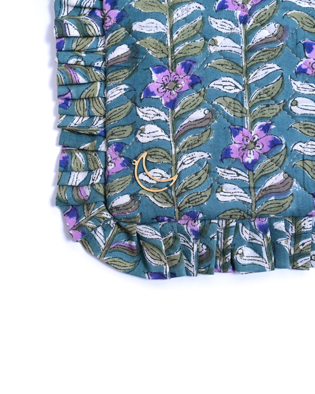 Block Print Ruffle Pouch - Floral Vines On Teal