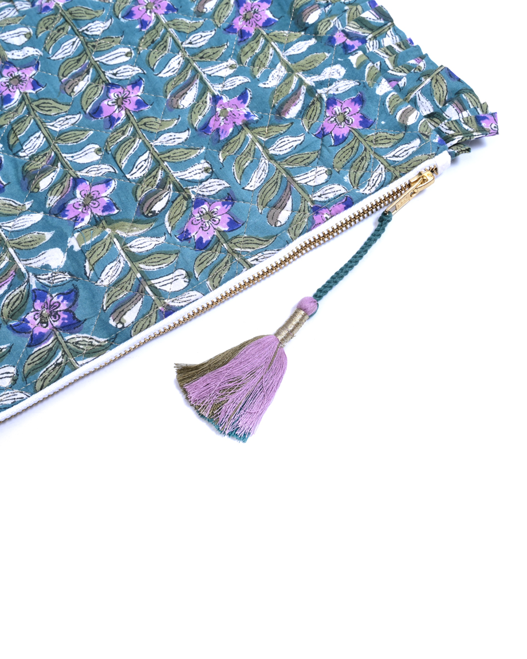 Block Print Ruffle Pouch - Floral Vines On Teal