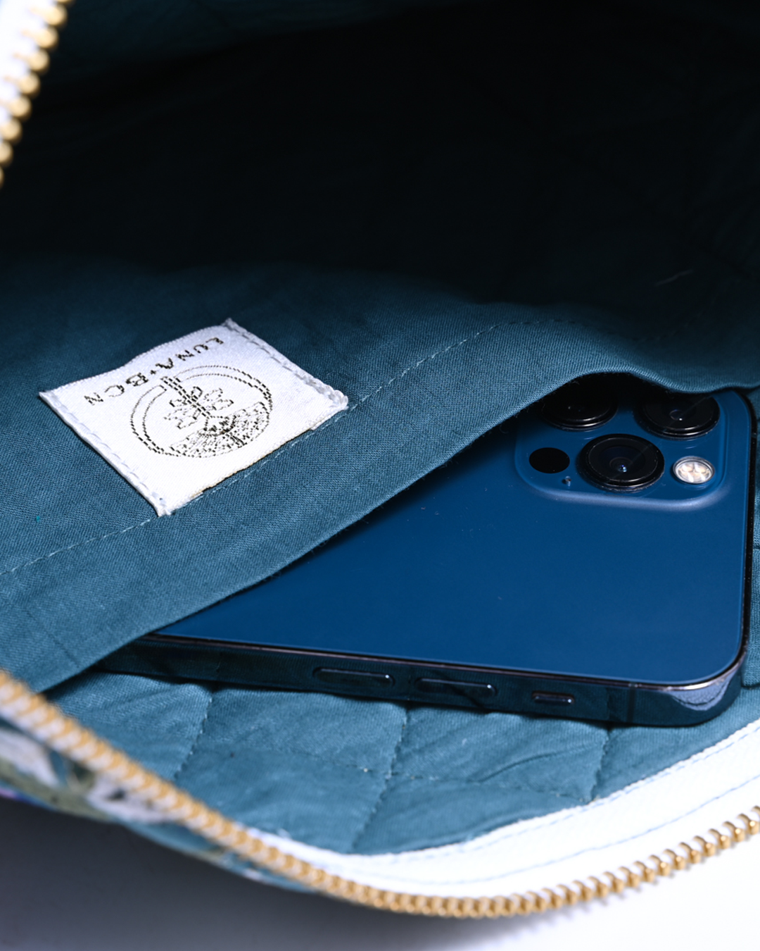 Block Print Ruffle Pouch - Floral Vines On Teal