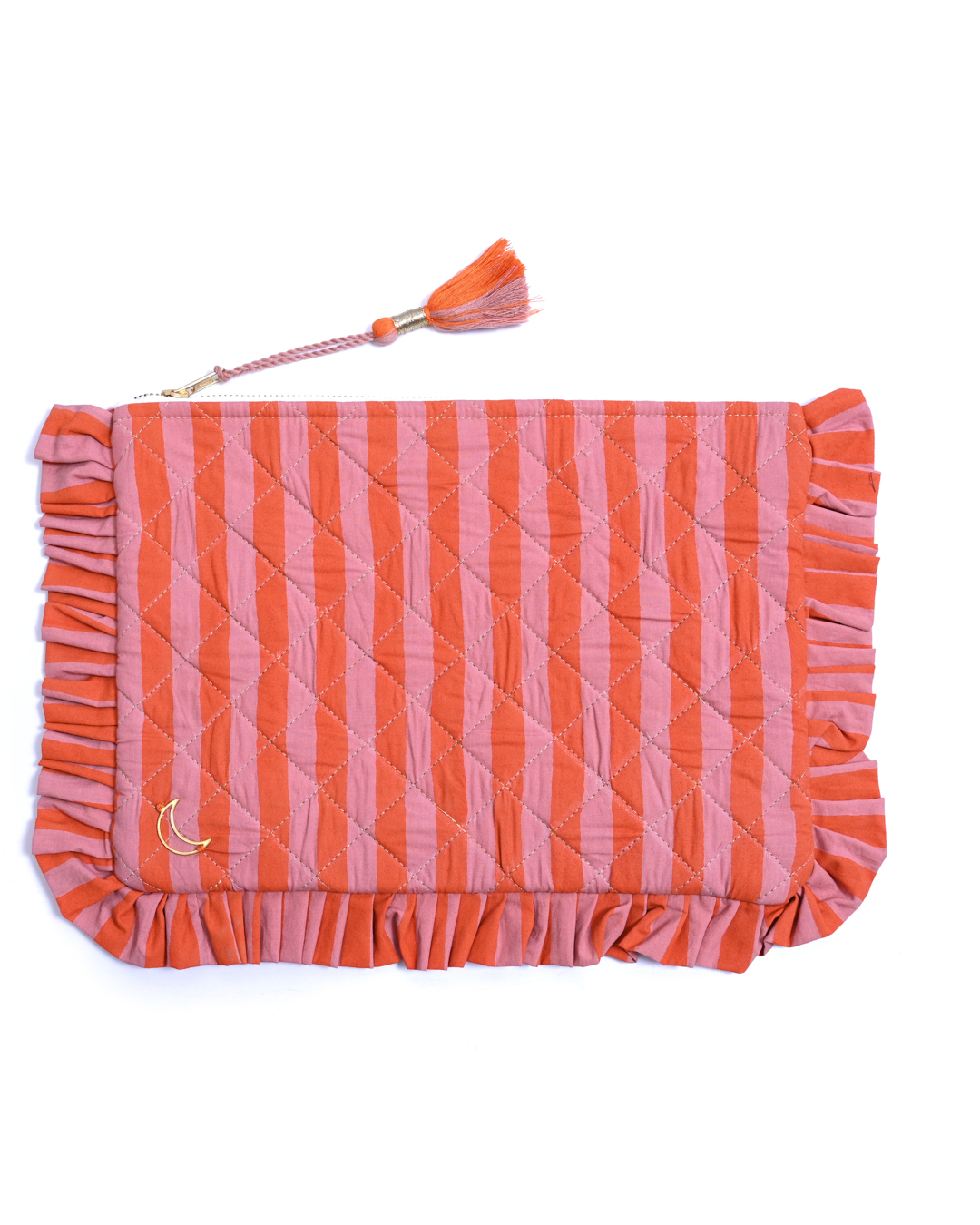 Block Print Ruffle Pouch - Coral & Orange Stripe