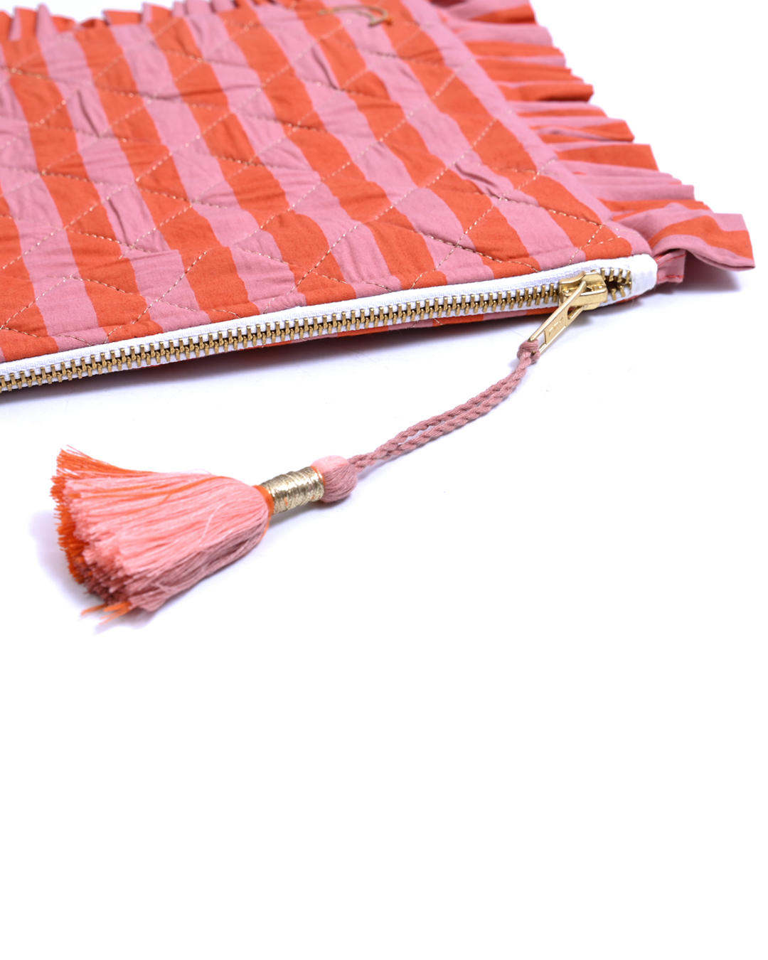 Block Print Ruffle Pouch - Coral & Orange Stripe