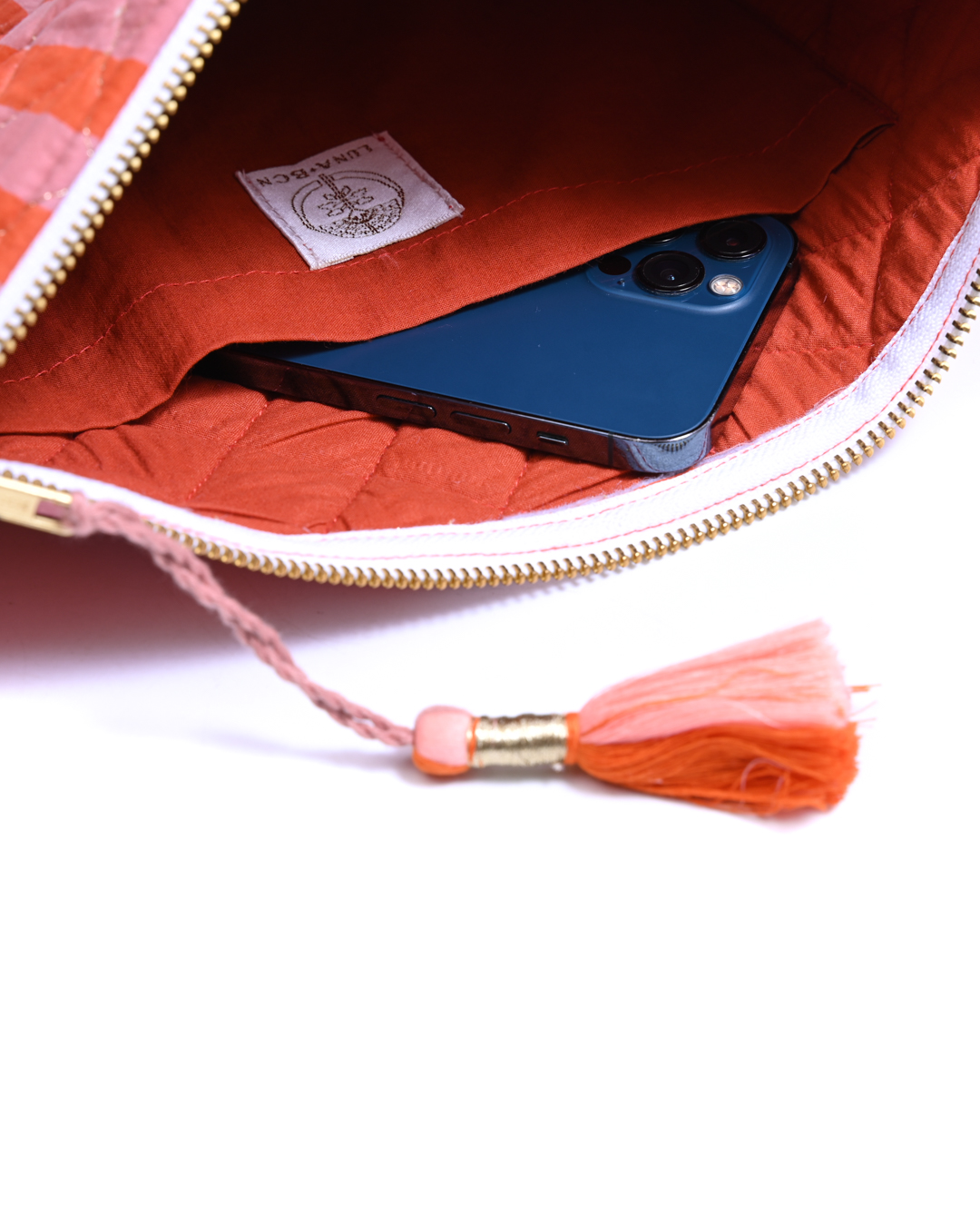 Block Print Ruffle Pouch - Coral & Orange Stripe