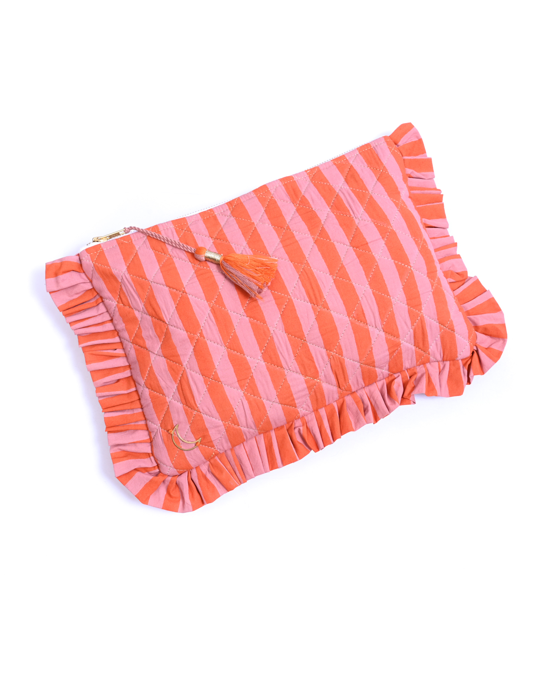 Block Print Ruffle Pouch - Coral & Orange Stripe