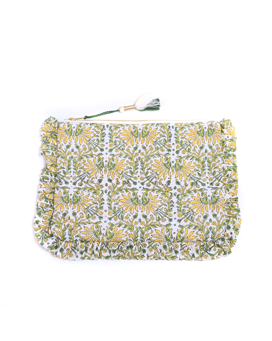 Block Print  Ruffle Pouch - Yellow Floral