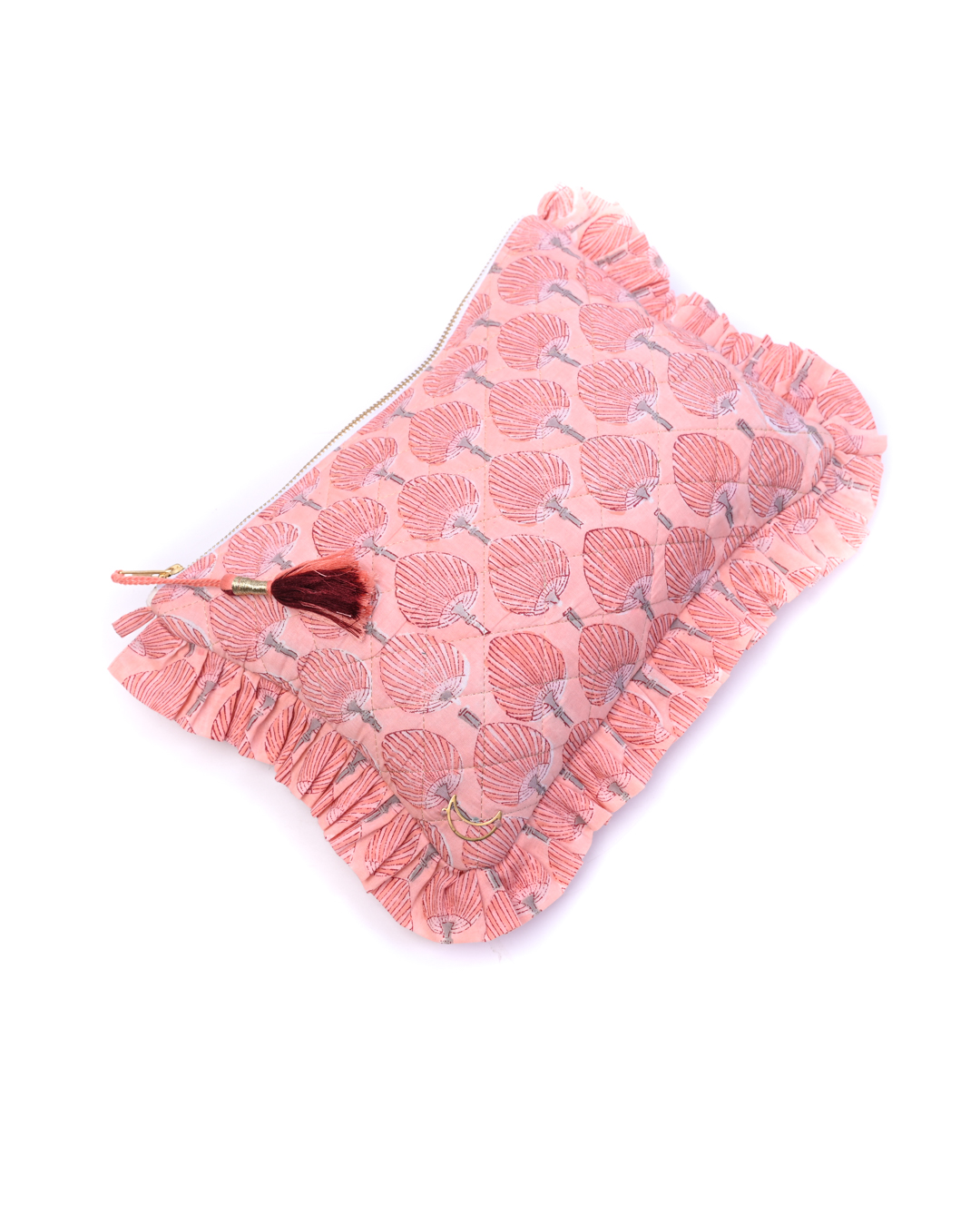 Block Print Ruffle Pouch - Fan Palms On Coral