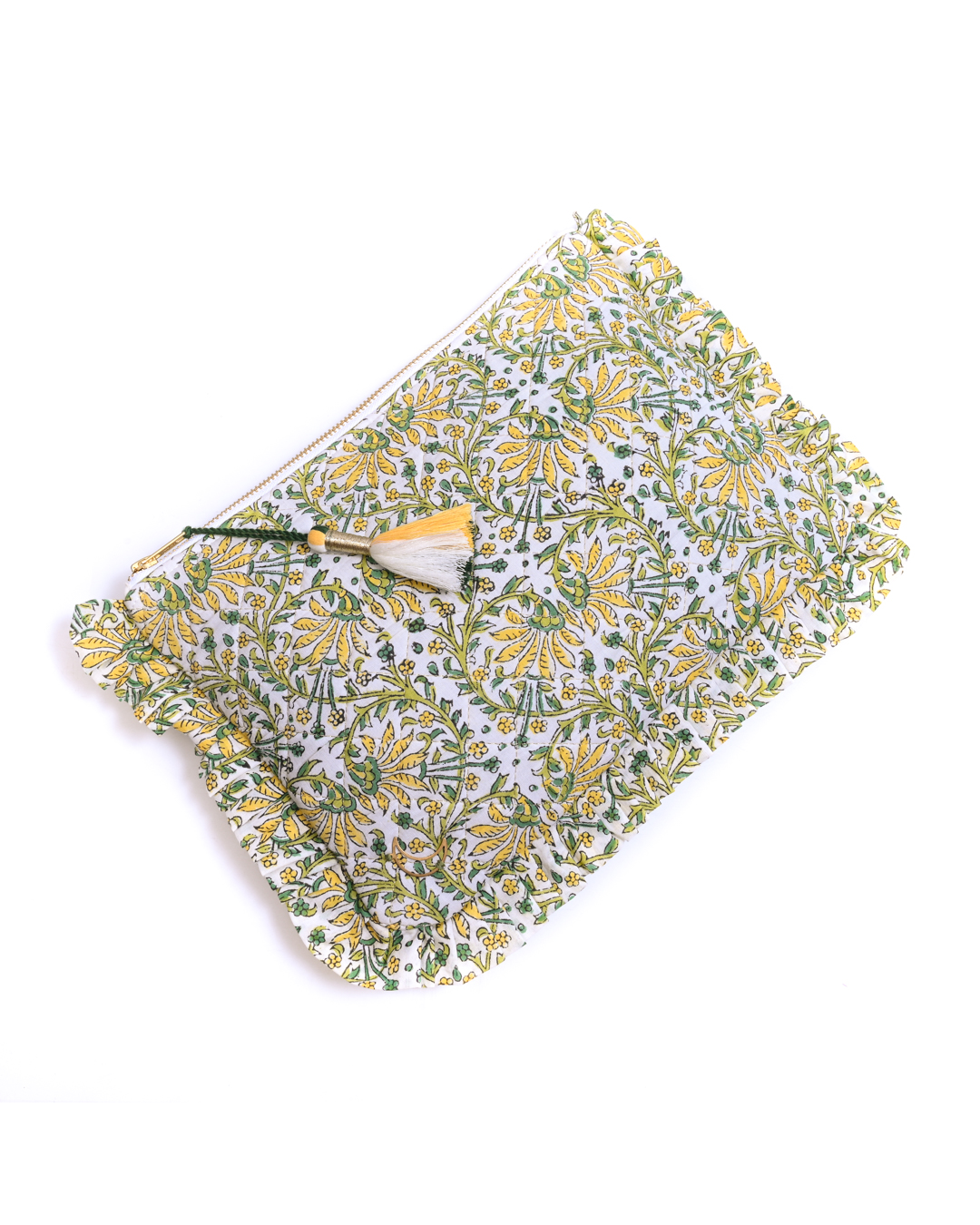 Block Print  Ruffle Pouch - Yellow Floral