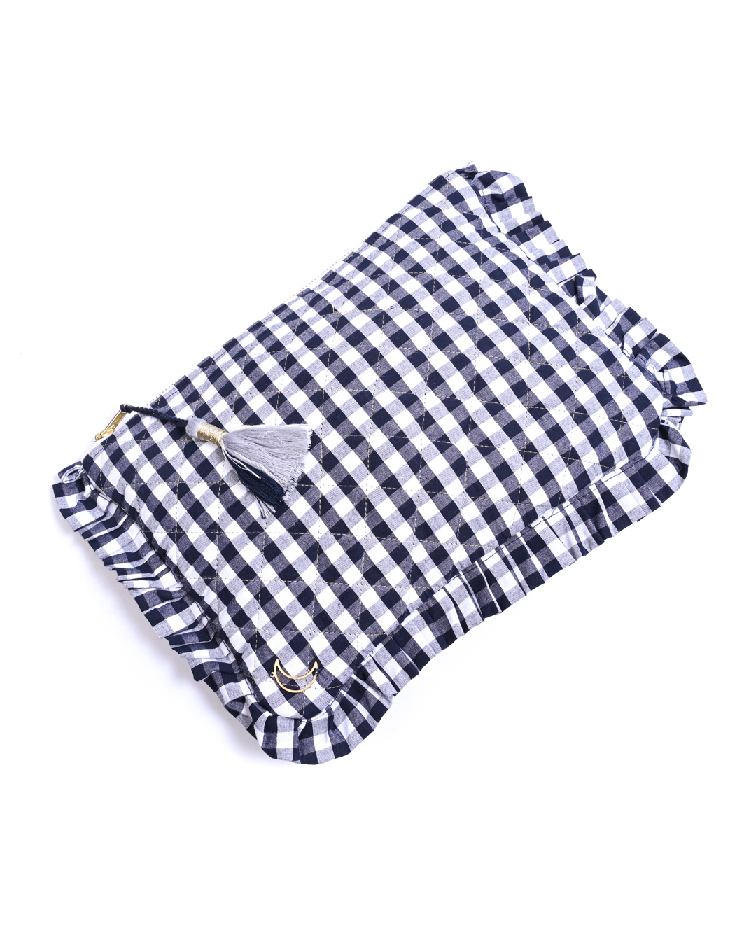 Block Print Ruffle Pouch - Black & White Gingham
