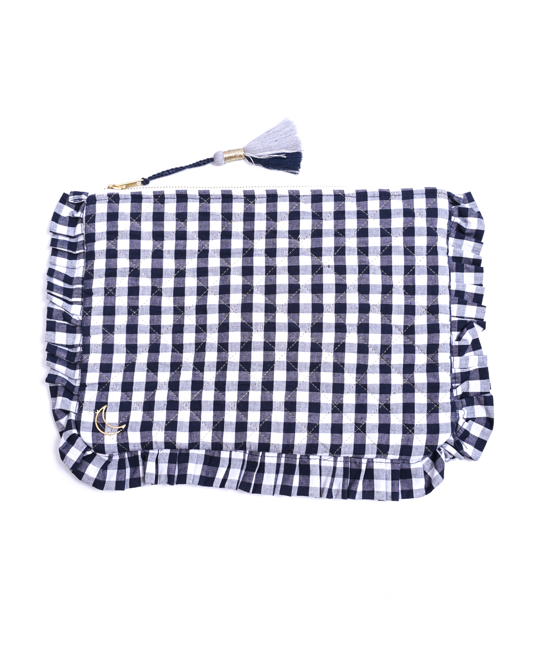 Block Print Ruffle Pouch - Black & White Gingham