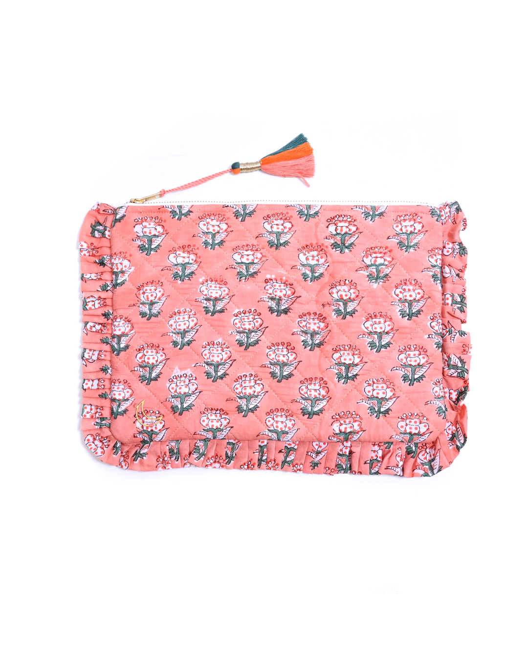 Block Print  Ruffle Pouch - Floral On Coral