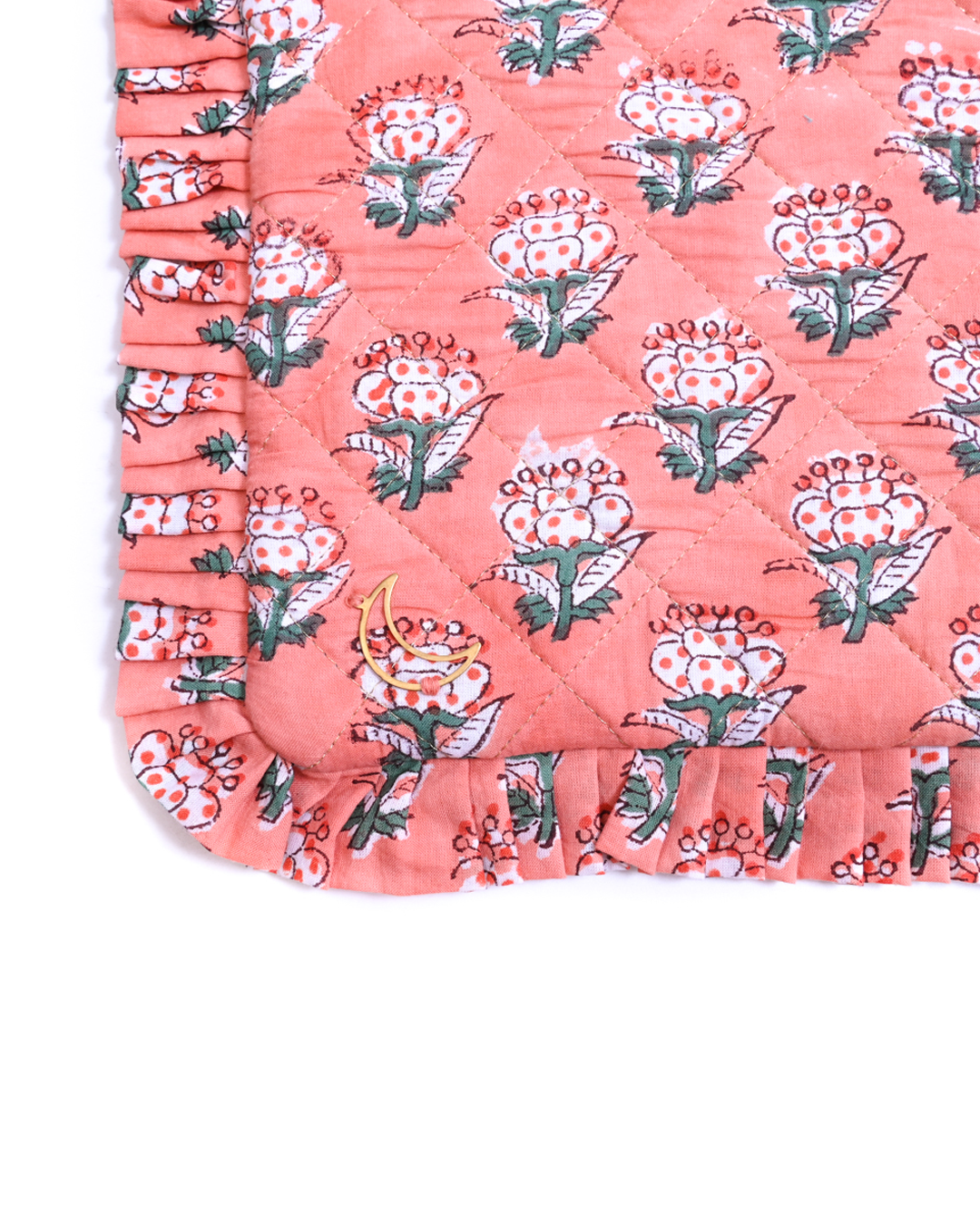 Block Print  Ruffle Pouch - Floral On Coral