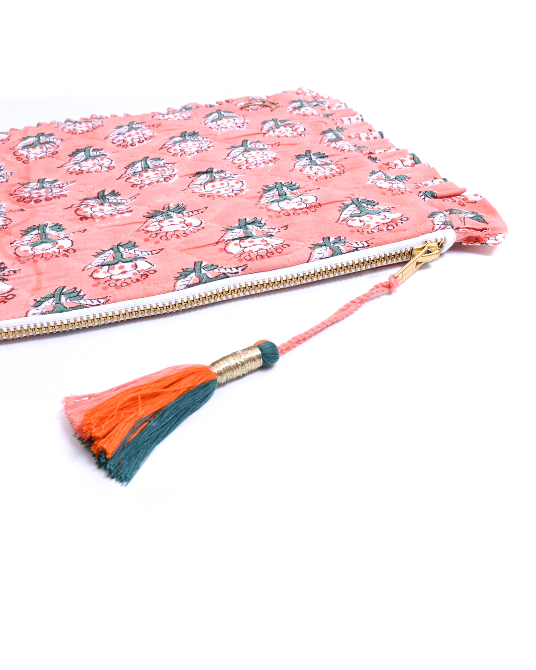 Block Print  Ruffle Pouch - Floral On Coral