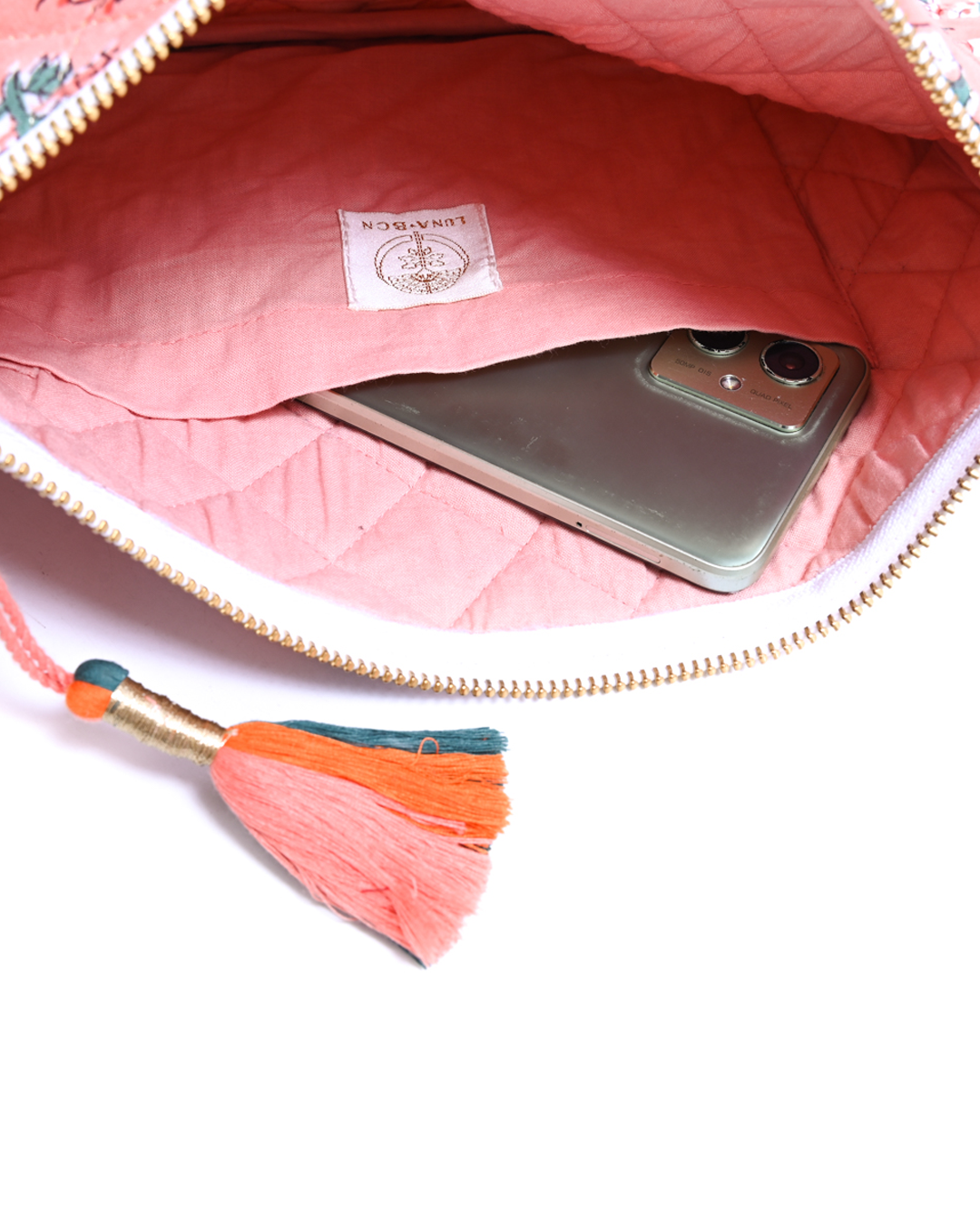 Block Print  Ruffle Pouch - Floral On Coral