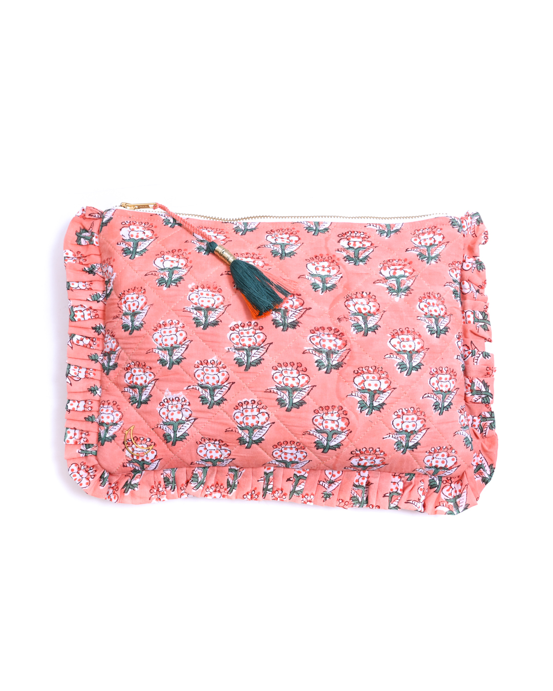 Block Print  Ruffle Pouch - Floral On Coral