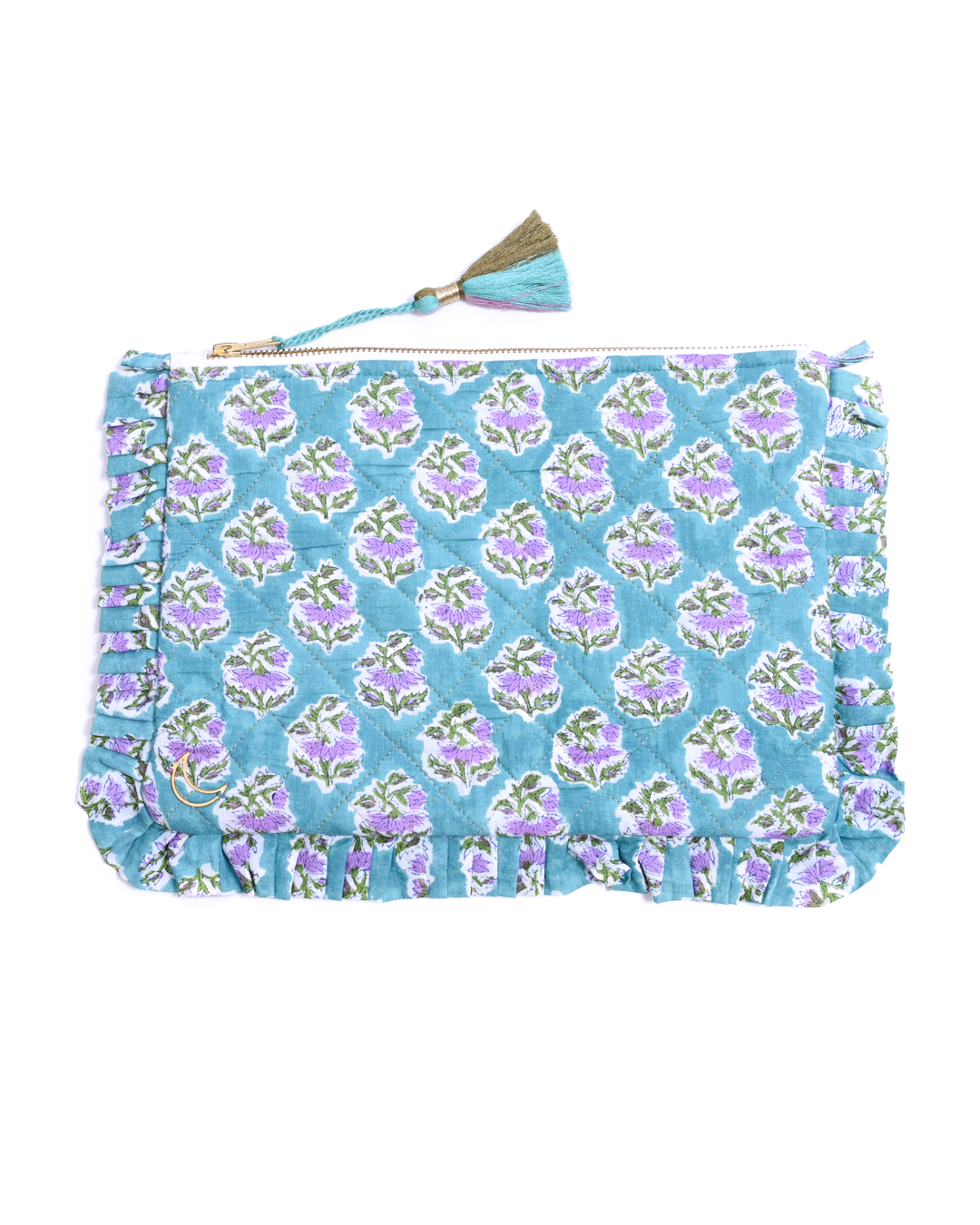 Block Print Ruffle Pouch - Pink Flowers On Turquoise