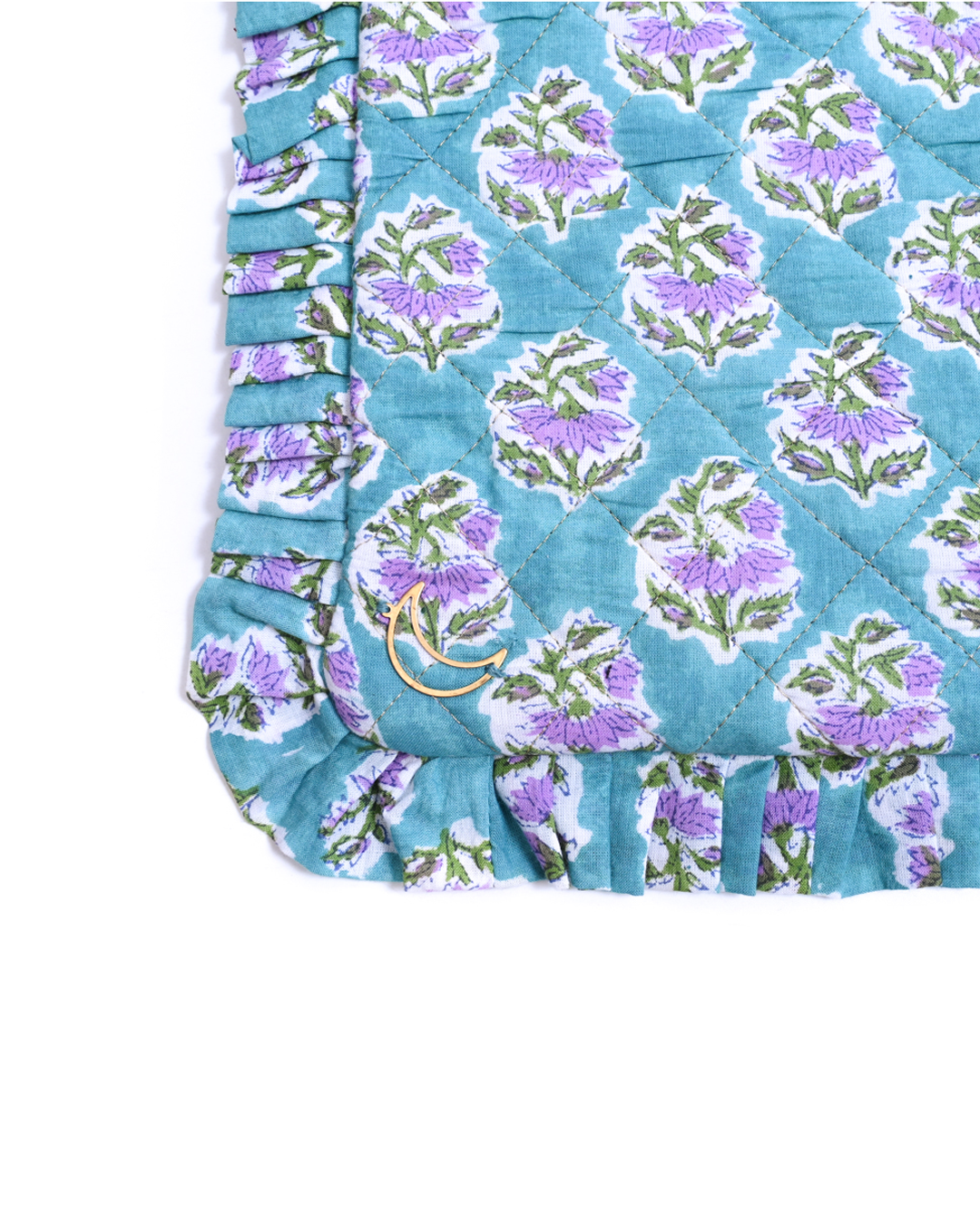 Block Print Ruffle Pouch - Pink Flowers On Turquoise