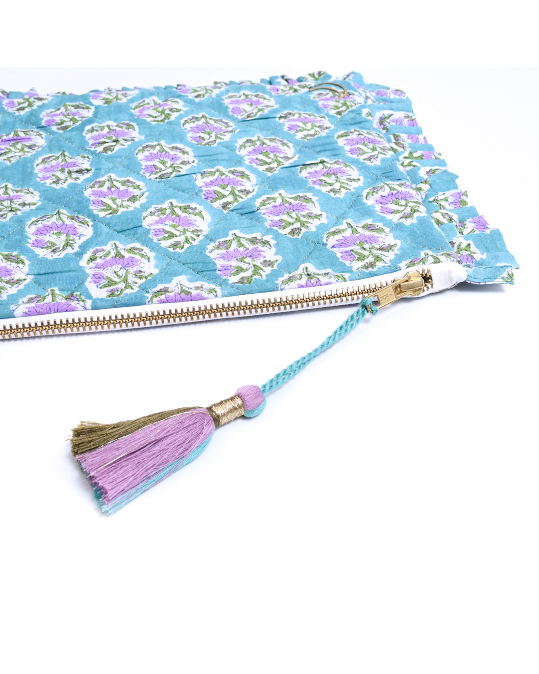 Block Print Ruffle Pouch - Pink Flowers On Turquoise