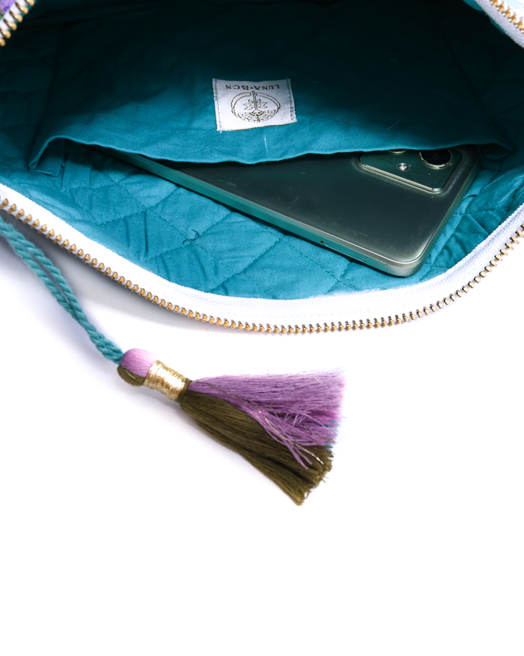 Block Print Ruffle Pouch - Pink Flowers On Turquoise