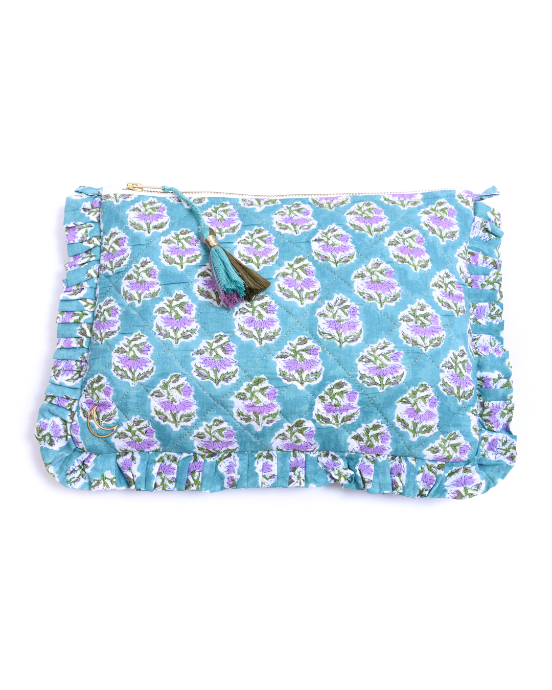 Block Print Ruffle Pouch - Pink Flowers On Turquoise