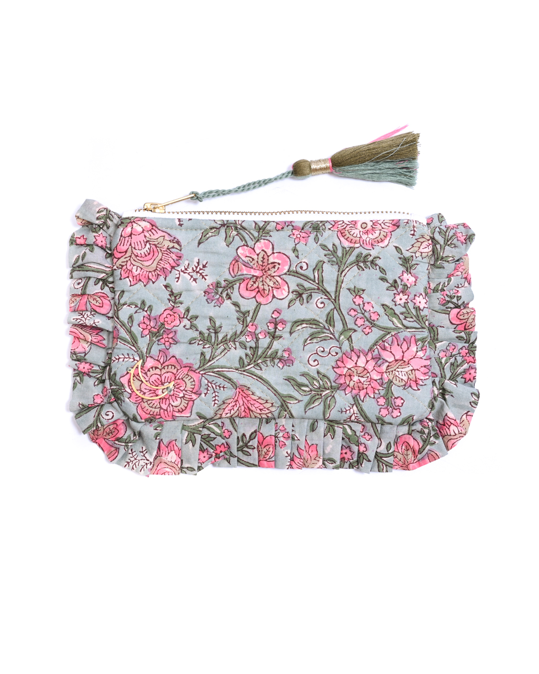 Block Print Ruffle Pouch - Pink Floral On Mint
