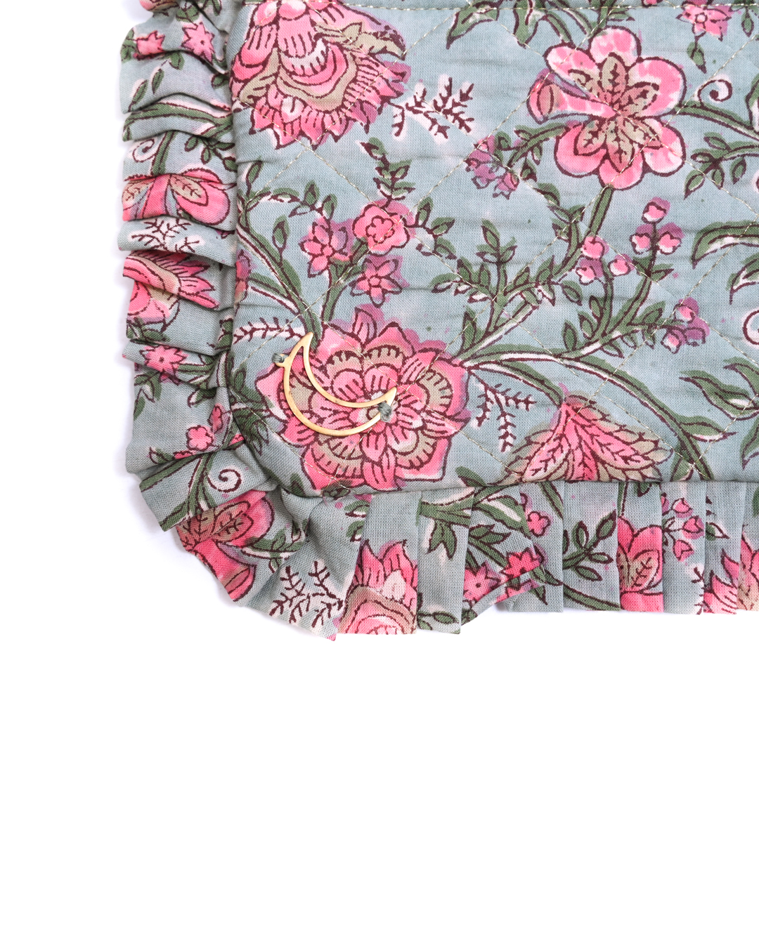Block Print Ruffle Pouch - Pink Floral On Mint