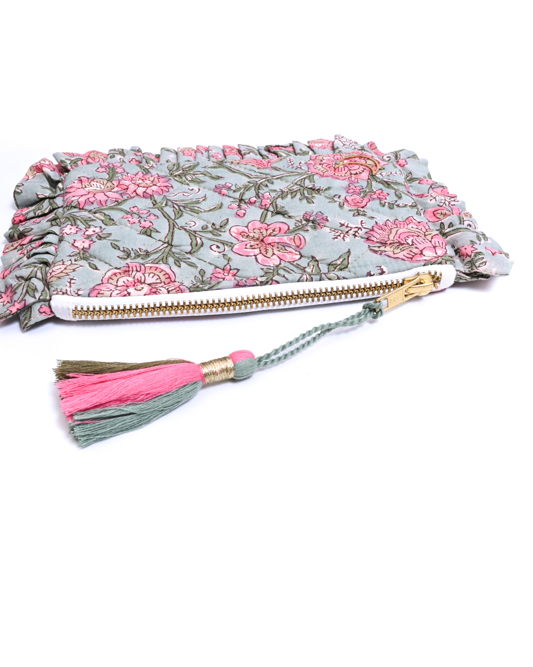 Block Print Ruffle Pouch - Pink Floral On Mint