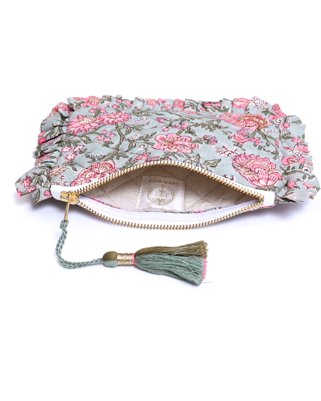 Block Print Ruffle Pouch - Pink Floral On Mint