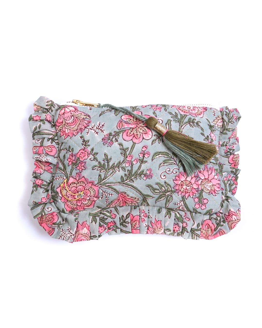 Block Print Ruffle Pouch - Pink Floral On Mint