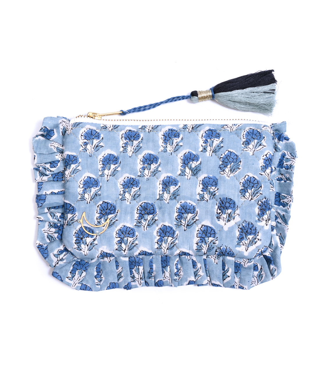 Block Print Ruffle Pouch - Floral On Sky Blue