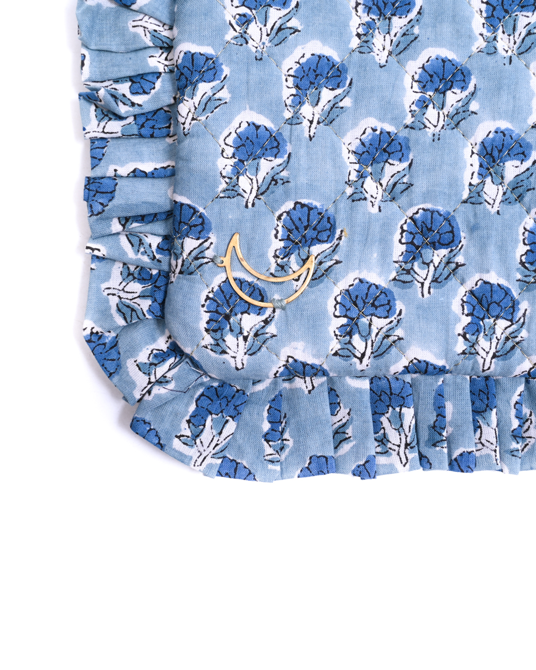 Block Print Ruffle Pouch - Floral On Sky Blue