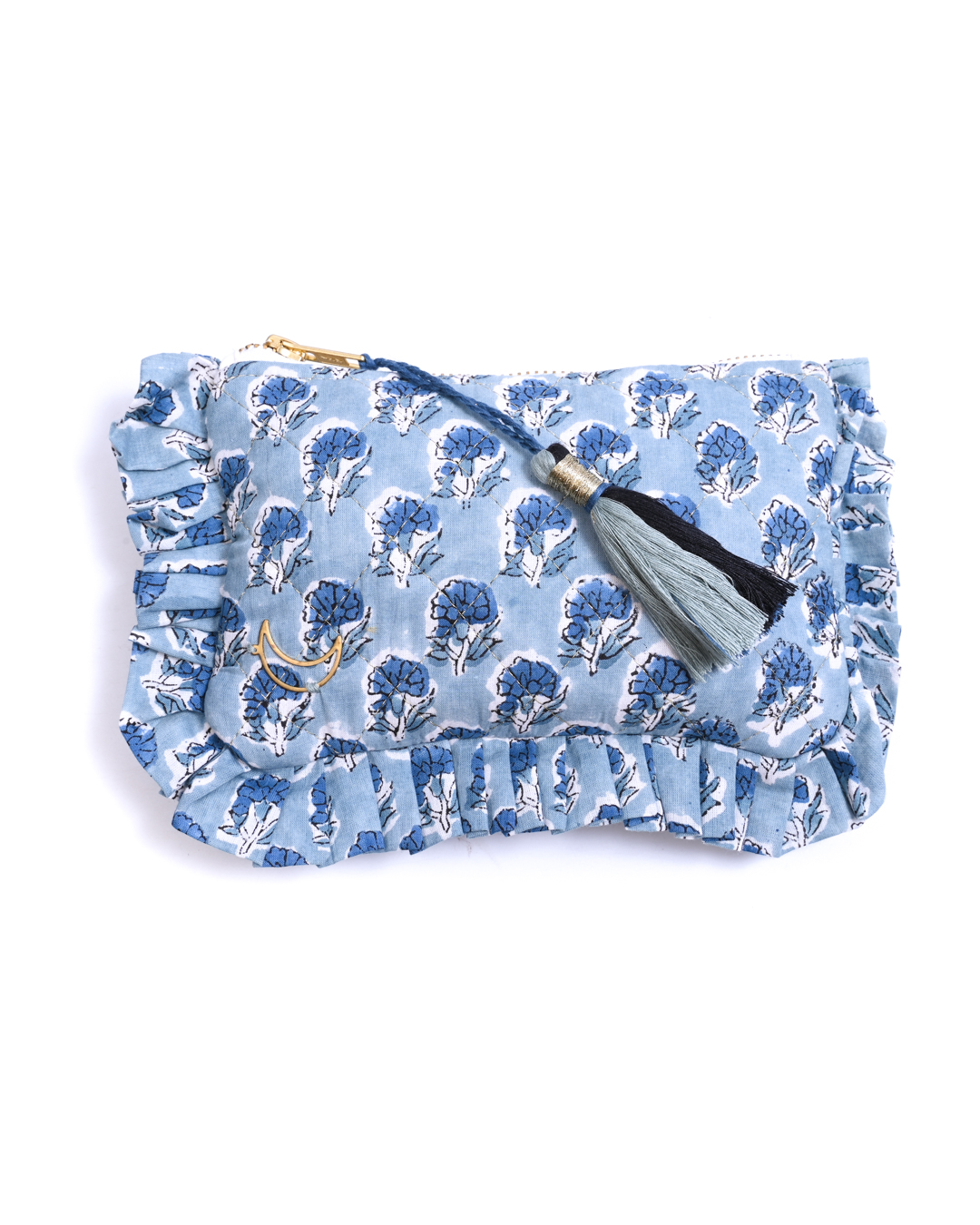 Block Print Ruffle Pouch - Floral On Sky Blue
