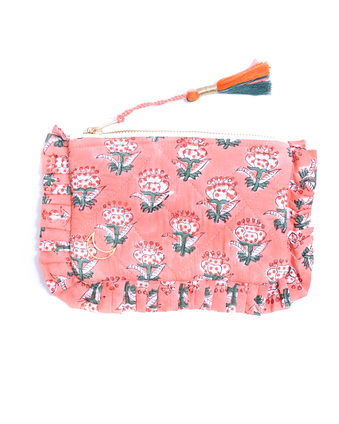Block Print  Ruffle Pouch - Floral On Coral