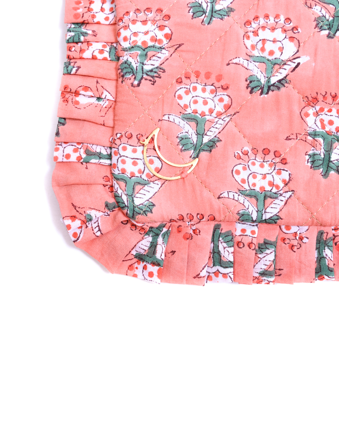 Block Print  Ruffle Pouch - Floral On Coral