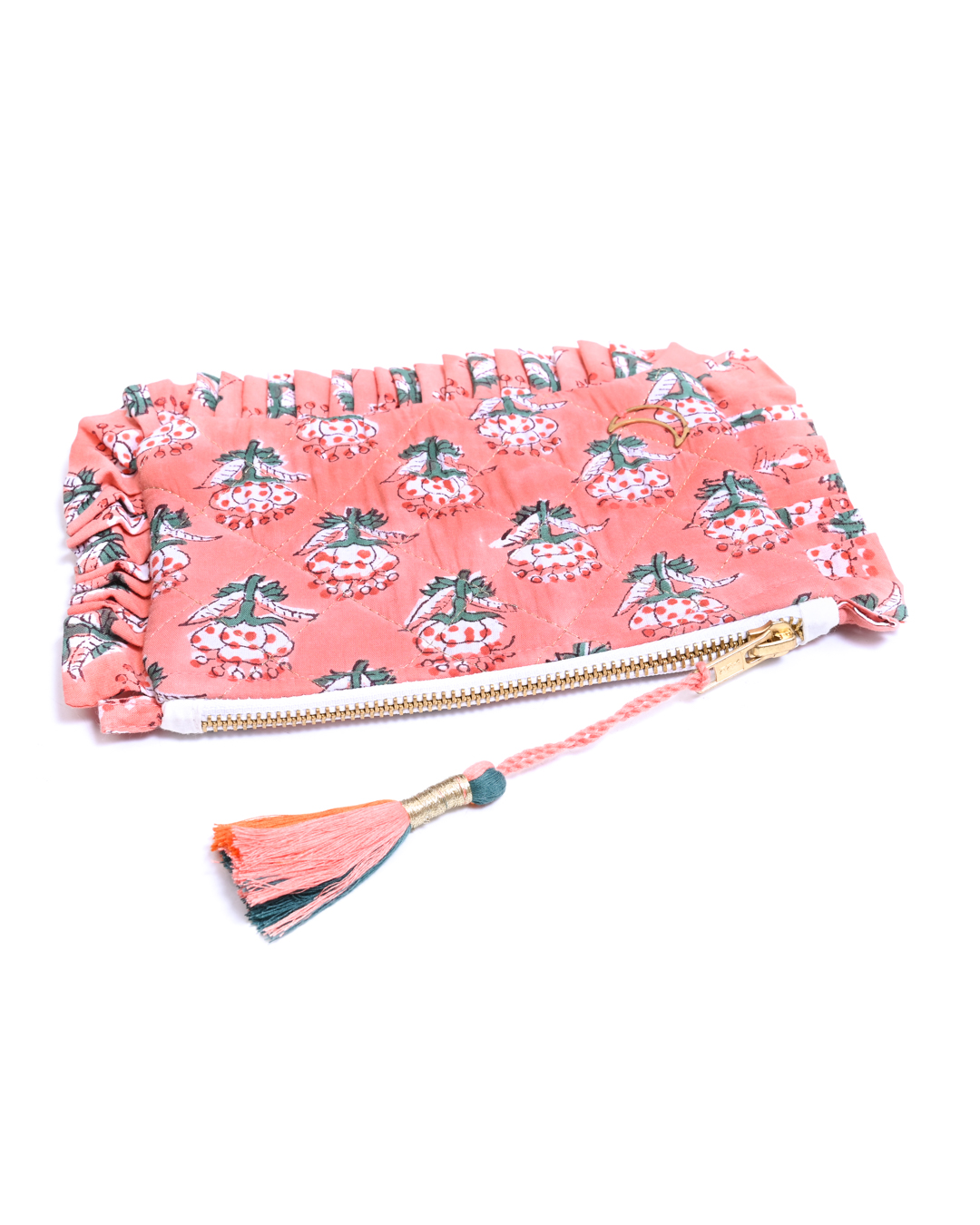 Block Print  Ruffle Pouch - Floral On Coral