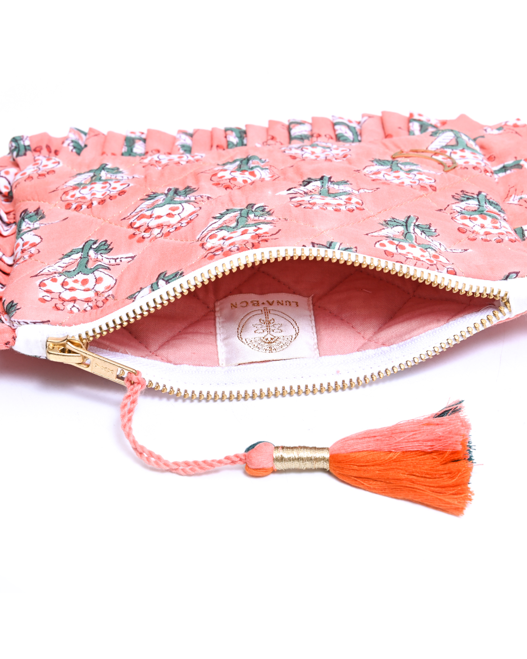 Block Print  Ruffle Pouch - Floral On Coral