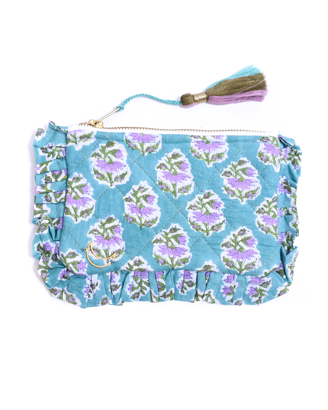 Block Print Ruffle Pouch - Pink Flowers On Turquoise