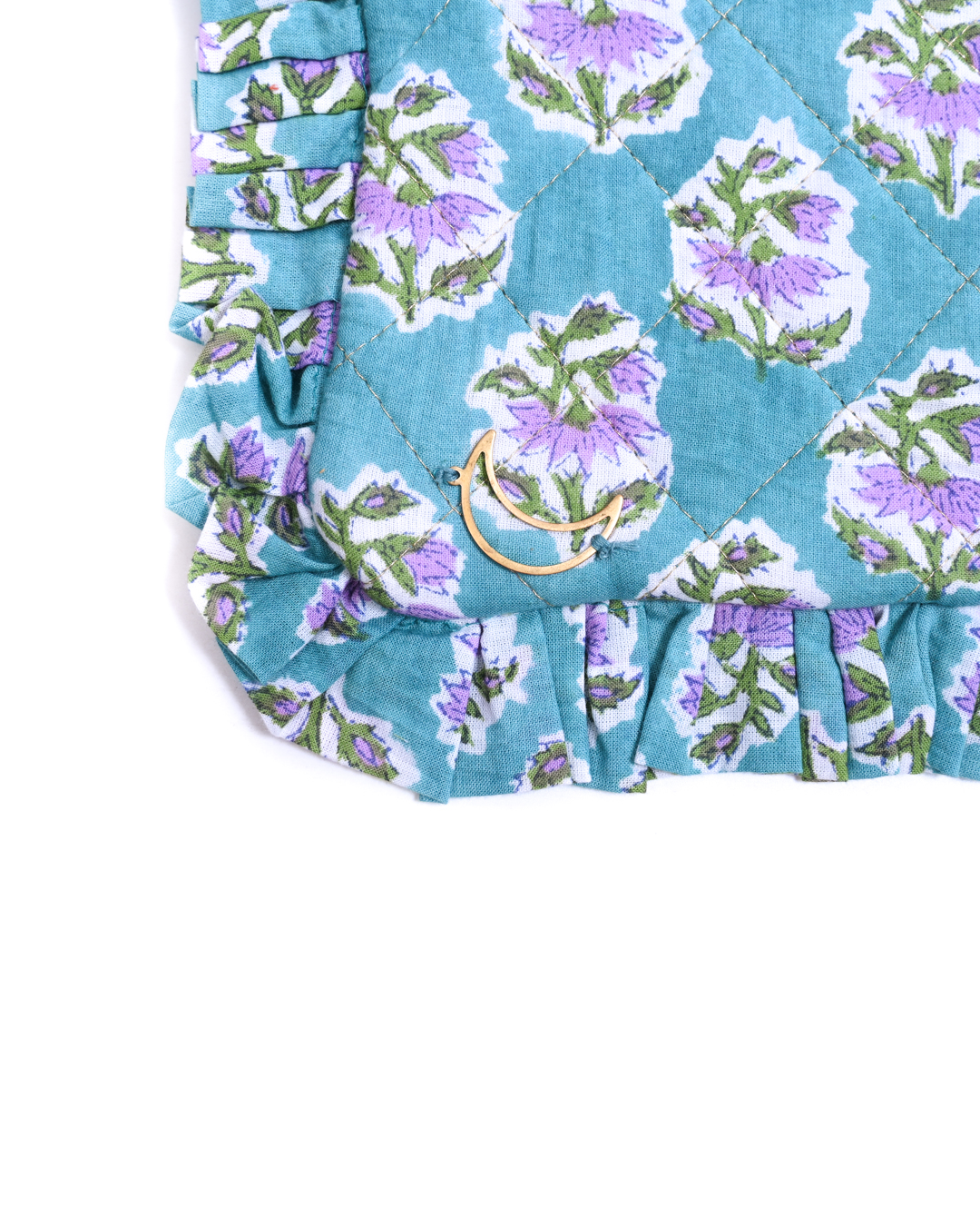 Block Print Ruffle Pouch - Pink Flowers On Turquoise