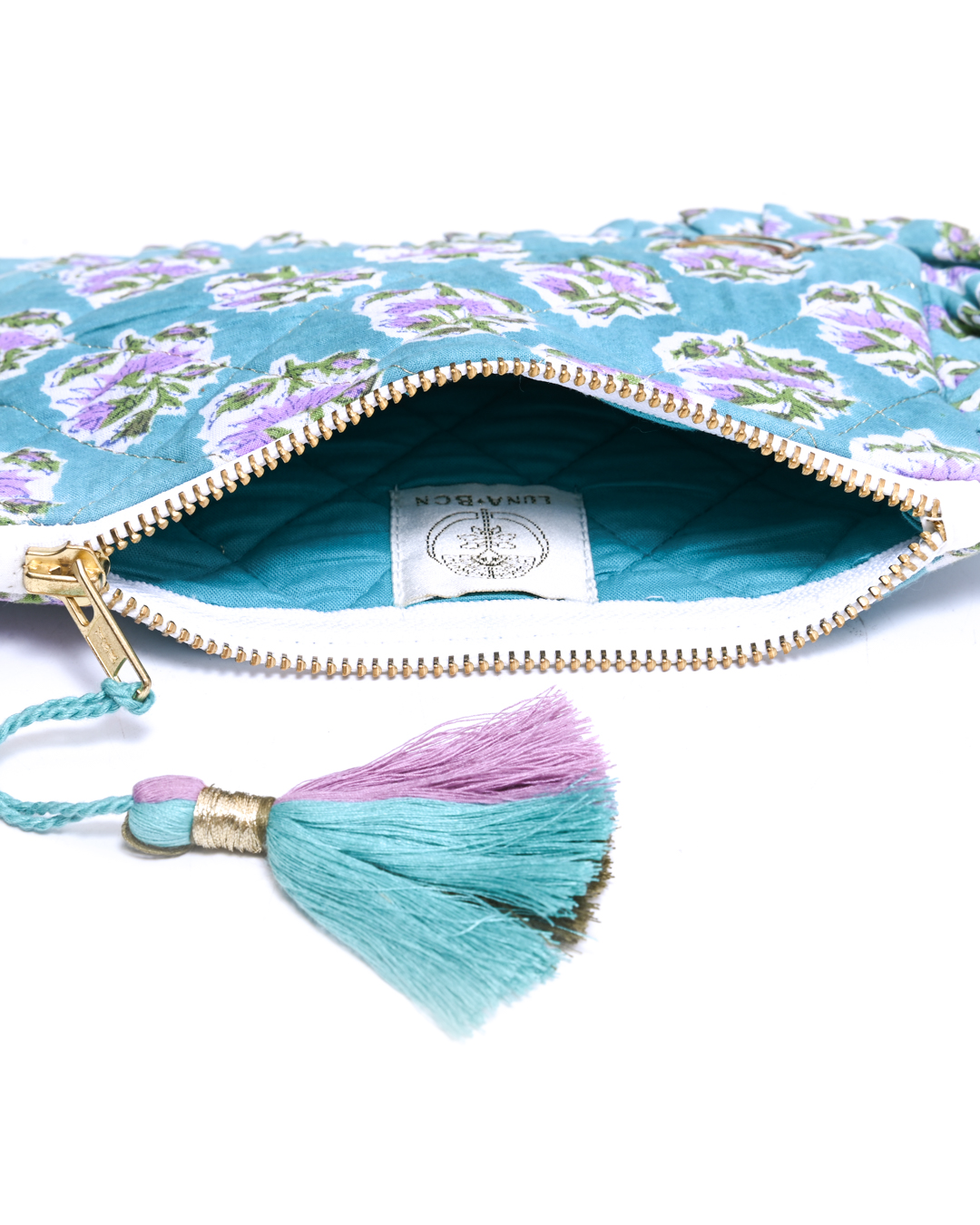 Block Print Ruffle Pouch - Pink Flowers On Turquoise