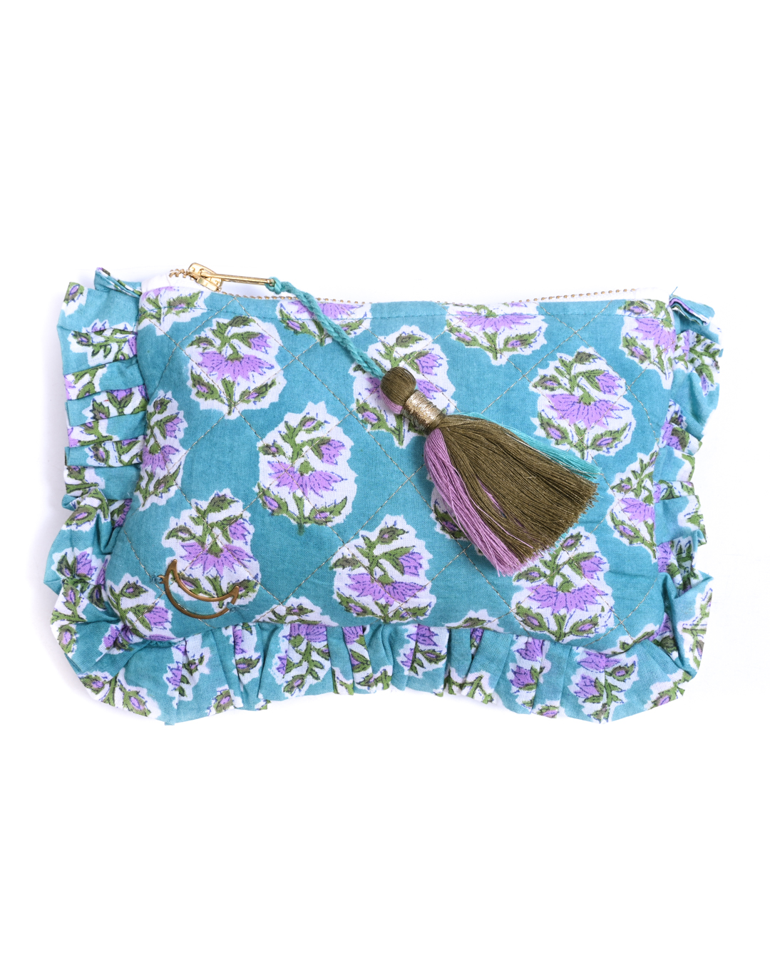 Block Print Ruffle Pouch - Pink Flowers On Turquoise