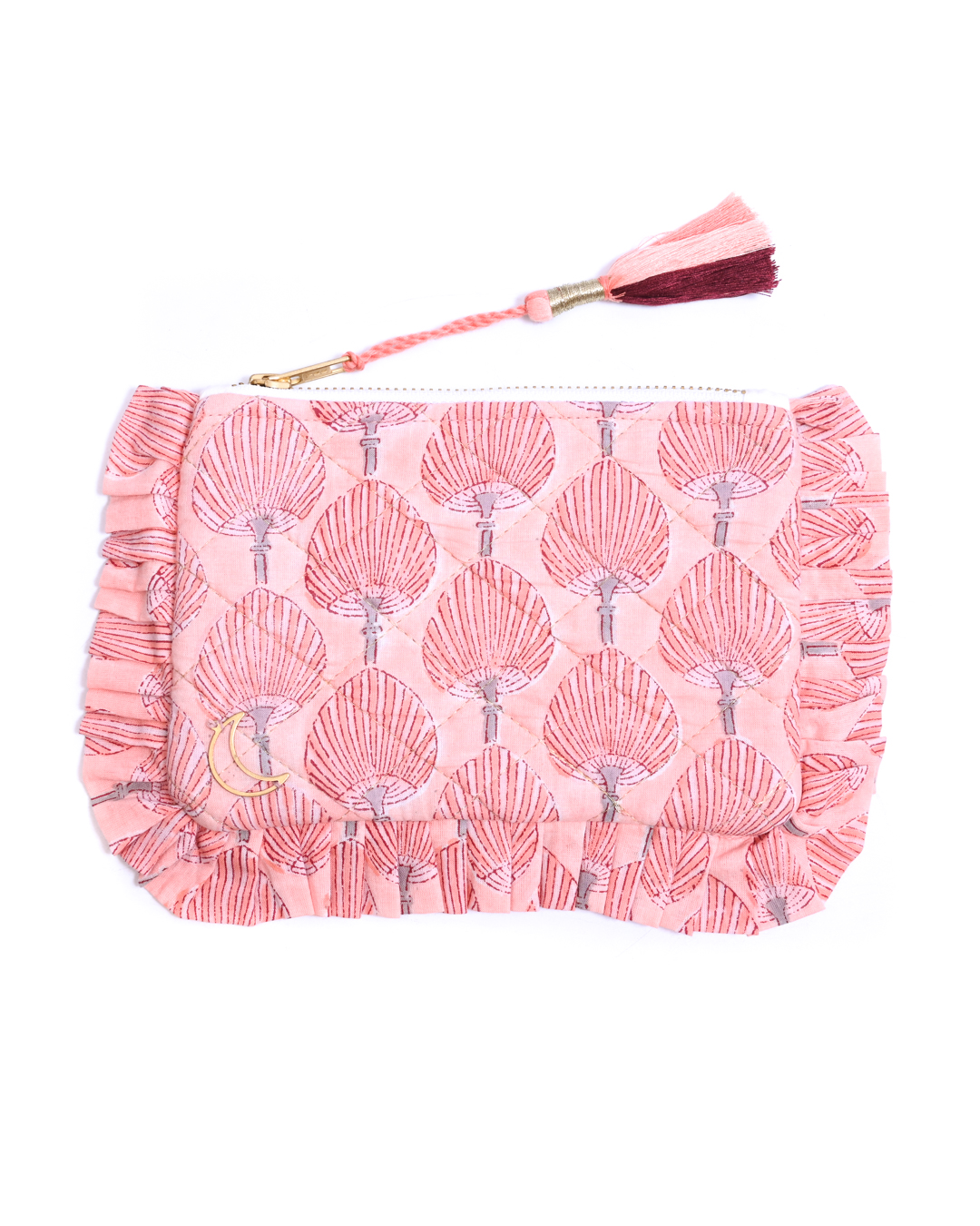 Block Print Ruffle Pouch - Fan Palms On Coral