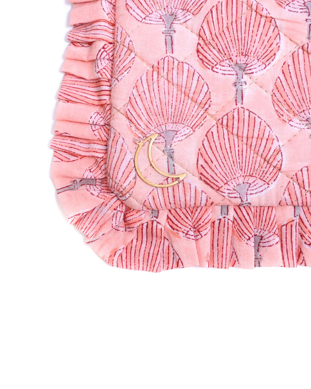 Block Print Ruffle Pouch - Fan Palms On Coral