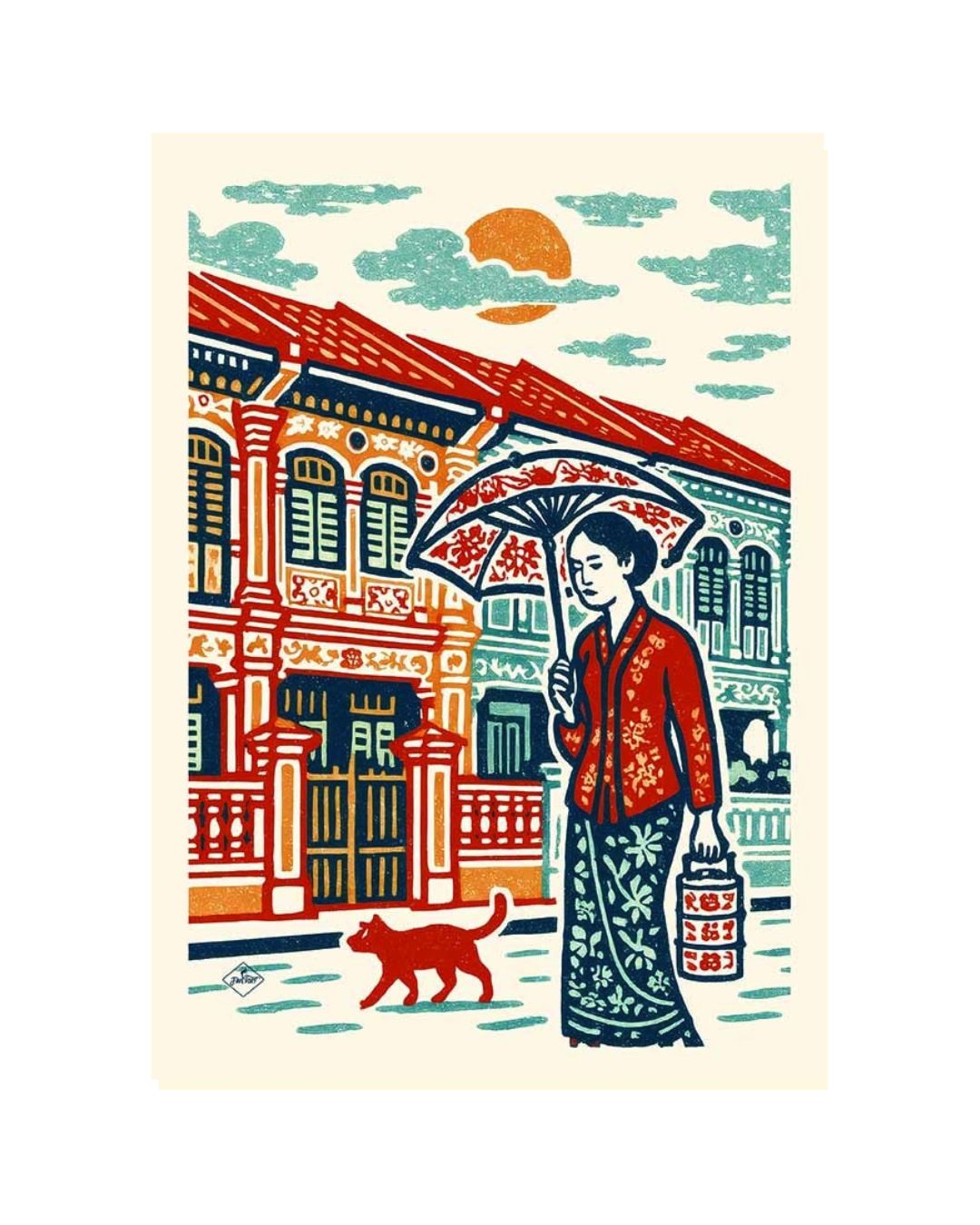 Singapore Peranakan Lady and House and Cat A4