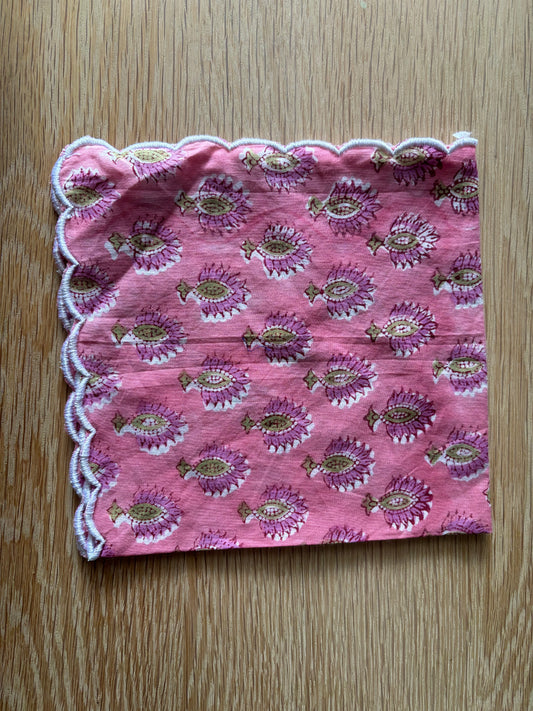 Scalloped Block Print Individual Napkin - Pink with green and pink flowers