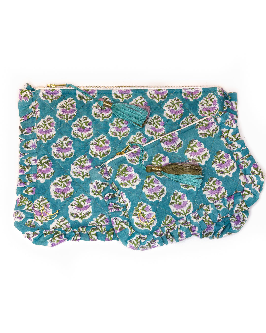 Block Print Ruffle Pouch - Pink Flowers On Turquoise