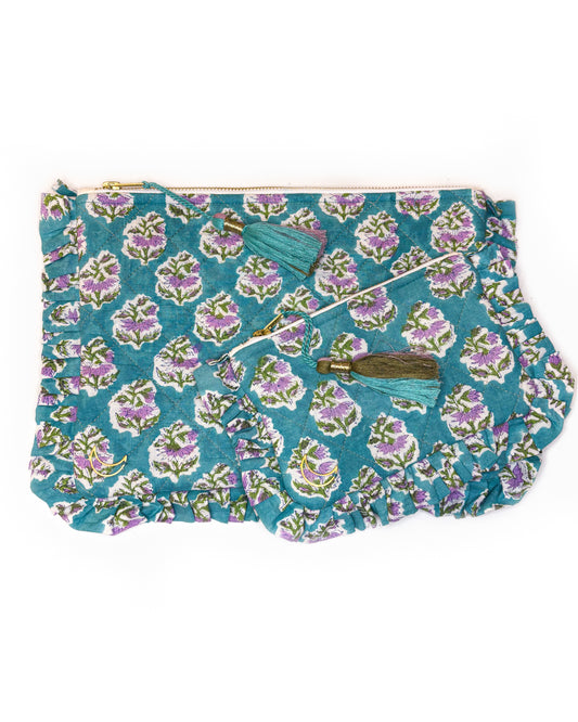Block Print Ruffle Pouch - Pink Flowers On Turquoise