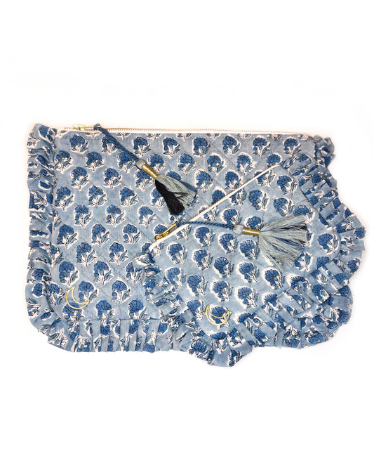 Block Print Ruffle Pouch - Floral On Sky Blue