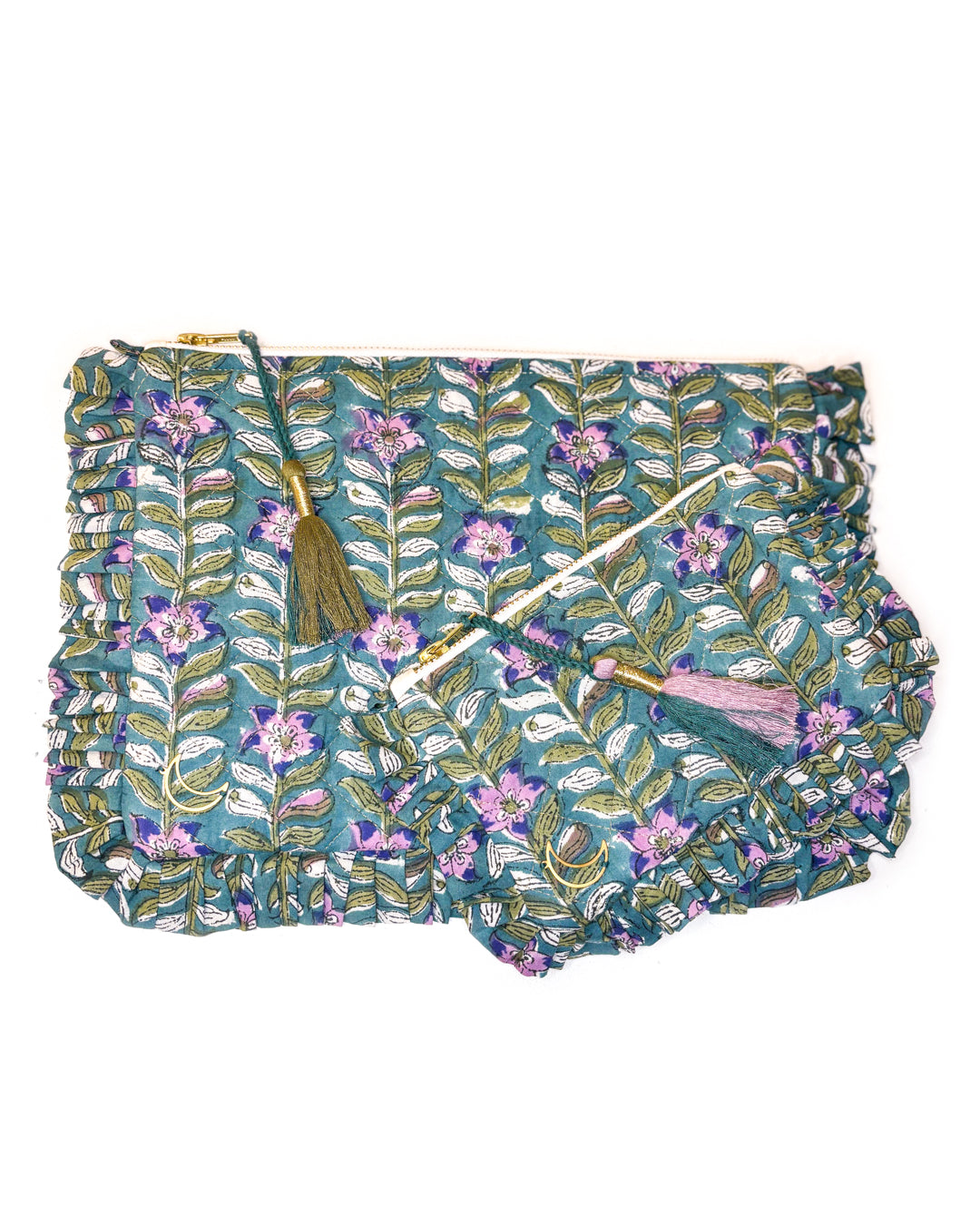 Block Print Ruffle Pouch - Floral Vines On Teal