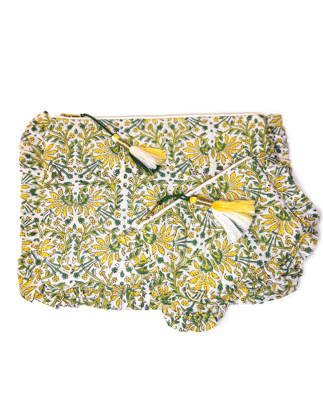 Block Print  Ruffle Pouch - Yellow Floral
