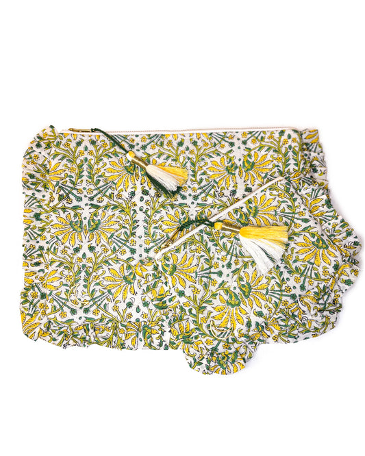 Block Print  Ruffle Pouch - Yellow Floral
