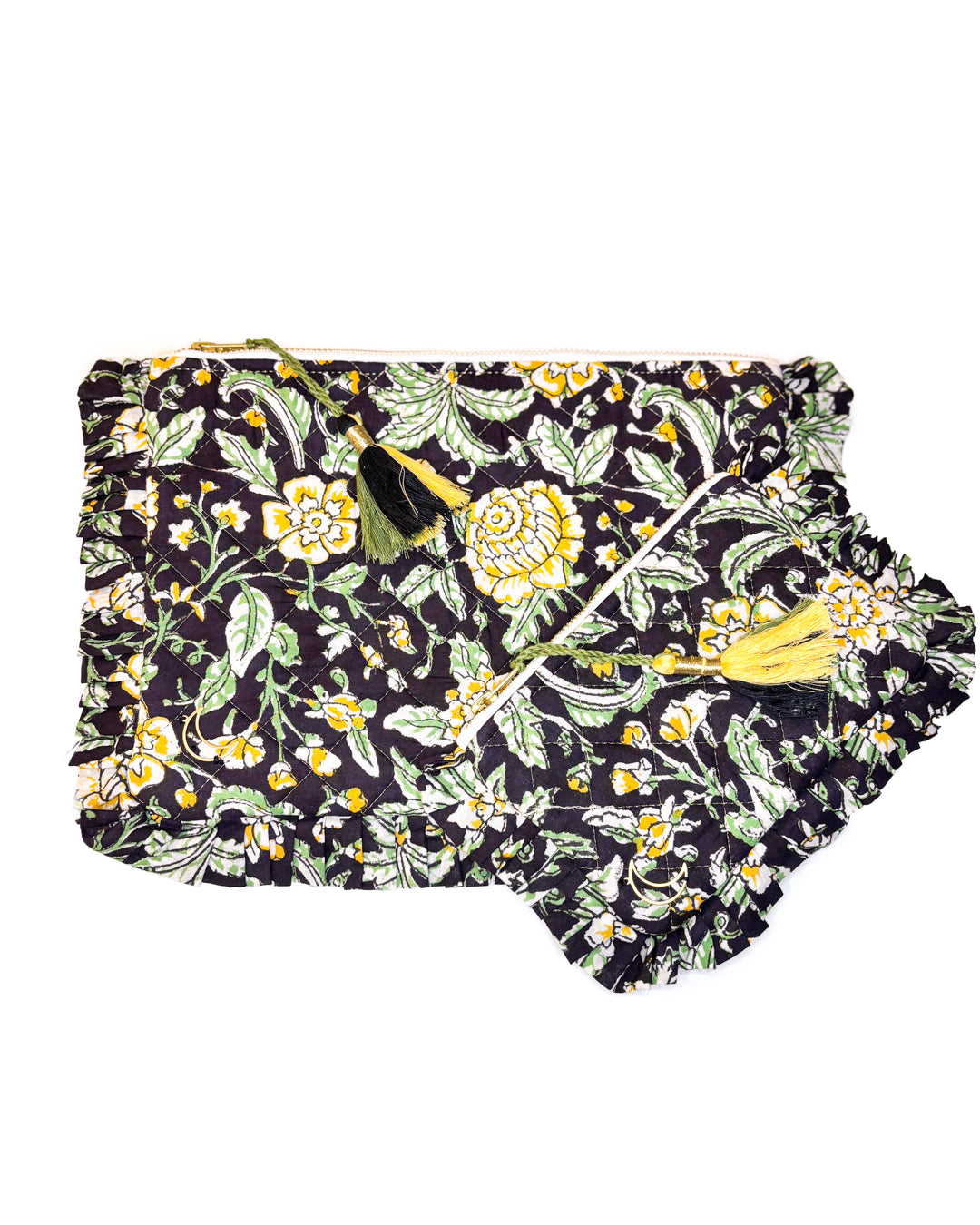 Block Print Ruffle Pouch - Floral On Black